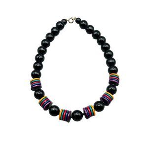 Vintage Colorful 80s Plastic Necklace Round Black Beads and Multicolor Rondelles